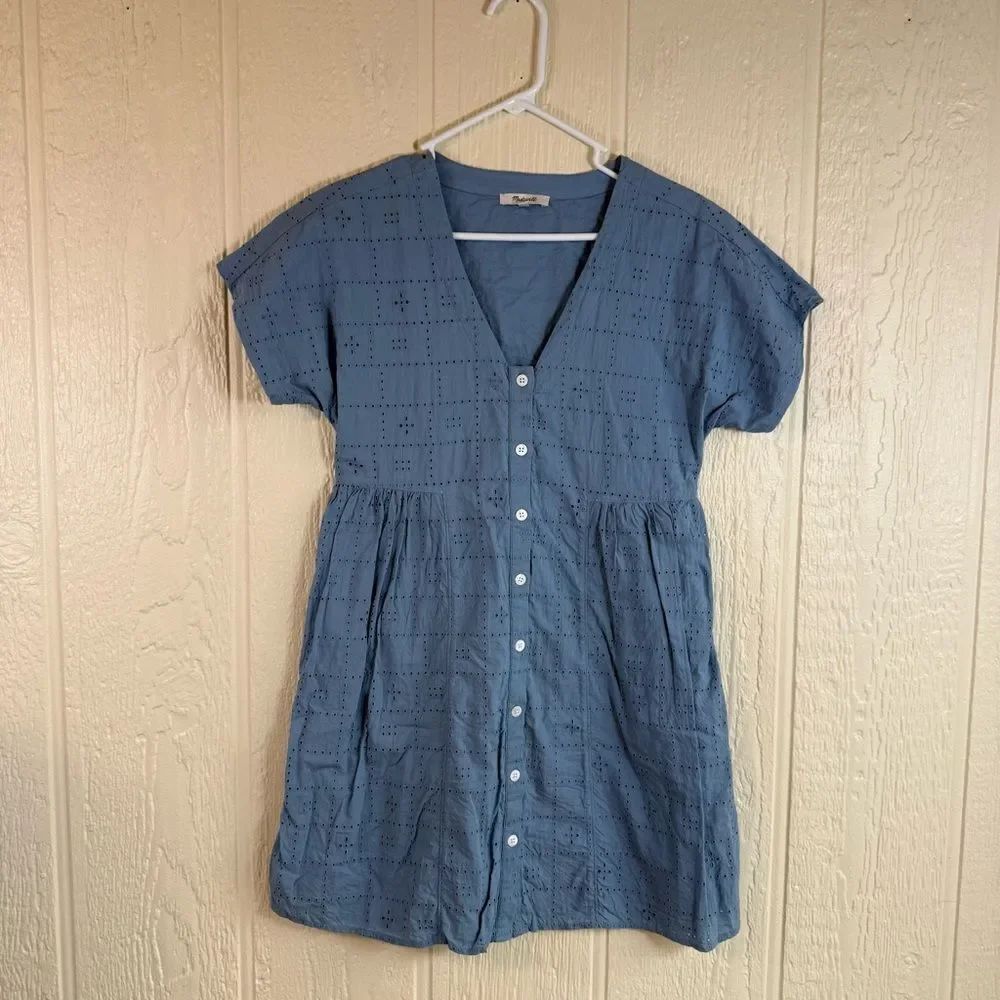 Madewell Dusty Blue Eyelet Button-Front Mini Dress